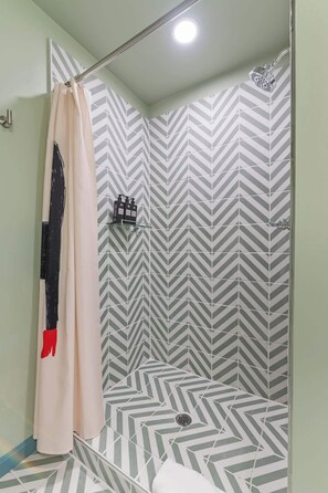 Dusche, Haartrockner, Handtücher, Shampoo