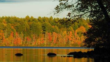 Un lac paisible où se reflètent les arbres et les rochers.