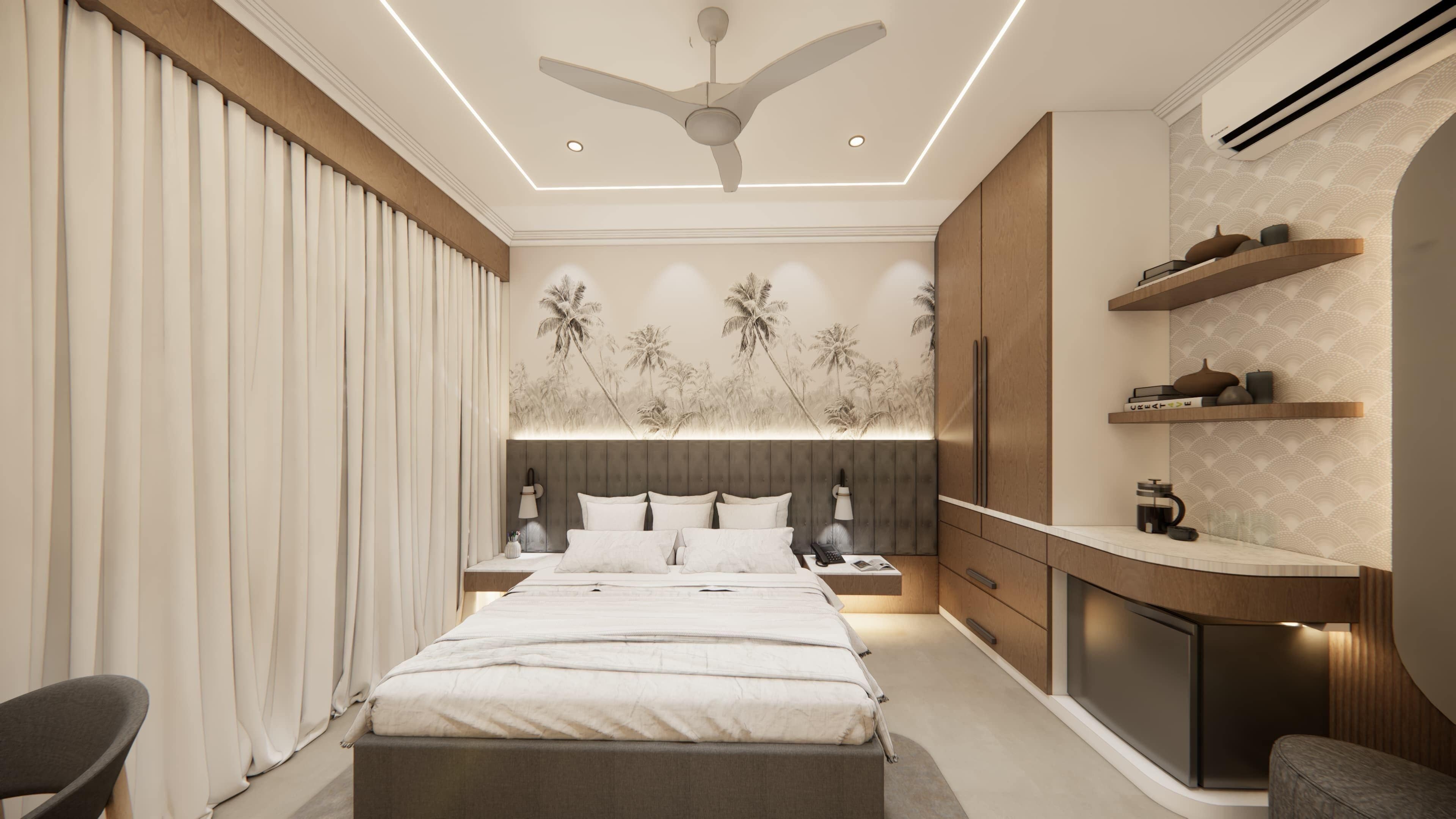 A modern bedroom with a large bed, a ceiling fan, and a nightstand with a lamp.