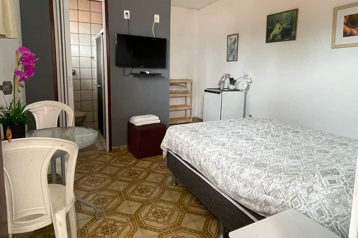 Une chambre d’hôtel comprenant un lit, un bureau avec une chaise, une télévision et une petite table avec une plante.