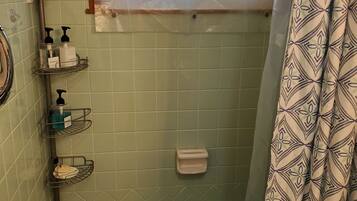 Hair dryer, towels, soap, shampoo