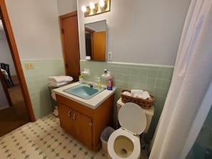 Sèche-cheveux, serviettes fournies, savon, papier toilette