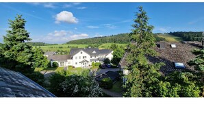 A residential area with a large house featuring a spacious driveway, a well-maintained lawn, and a clear view of the surrounding countryside. - Maisonette-traum mit Dachterrasse und Panorama (Willingen)