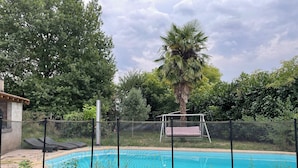 A swimming pool surrounded by a fence, with a palm tree and greenery in the background.