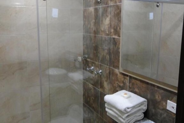 Combined shower/tub, towels, soap, shampoo