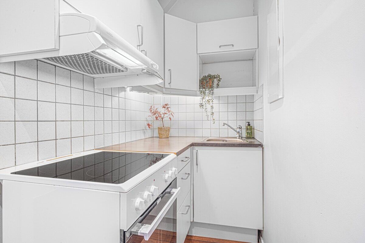 Een koelkast, een oven, een kookplaat, een vaatwasser