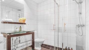 Chuveiro, secador de cabelo, toalhas de banho, shampoo