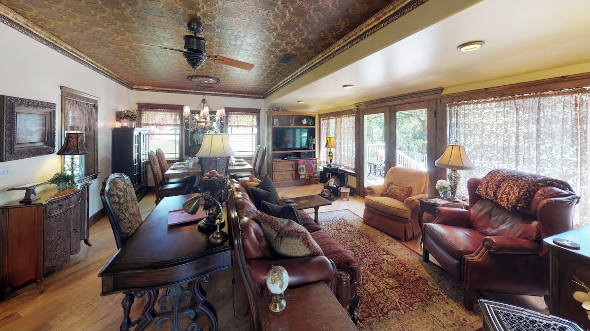 TV, fireplace, books, stereo