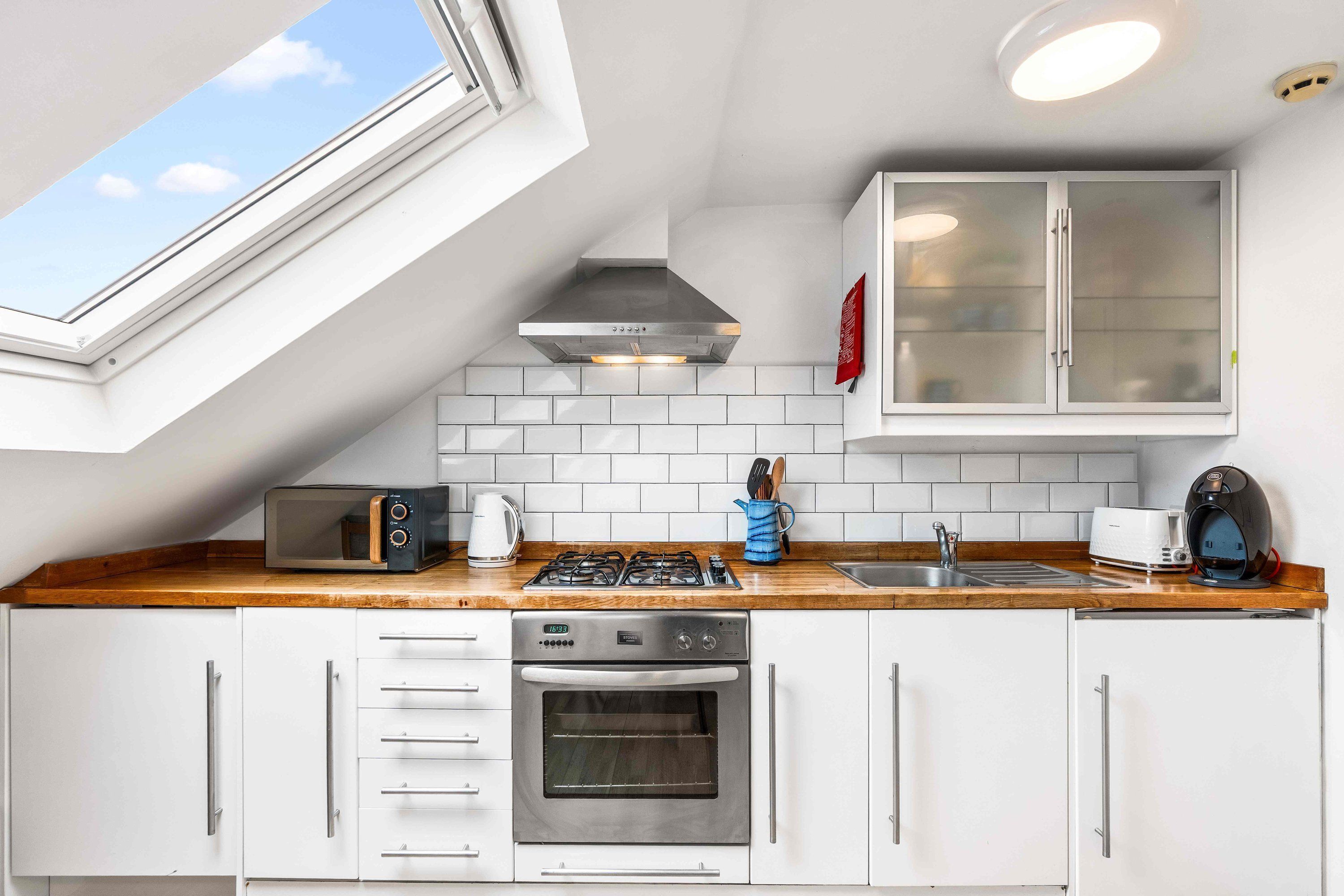 Fridge, microwave, oven, cookware/dishes/utensils
