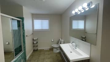 Combined shower/bathtub, hair dryer, towels, soap