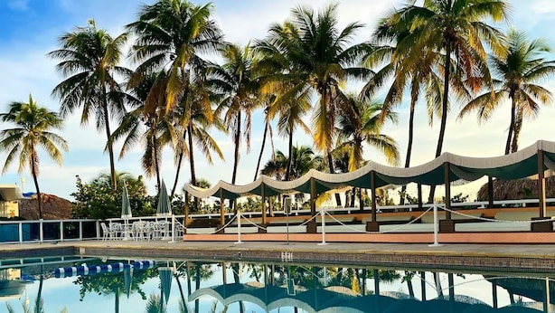 Un área de piscina con palmeras, sillas de descanso y una zona de estar cubierta.