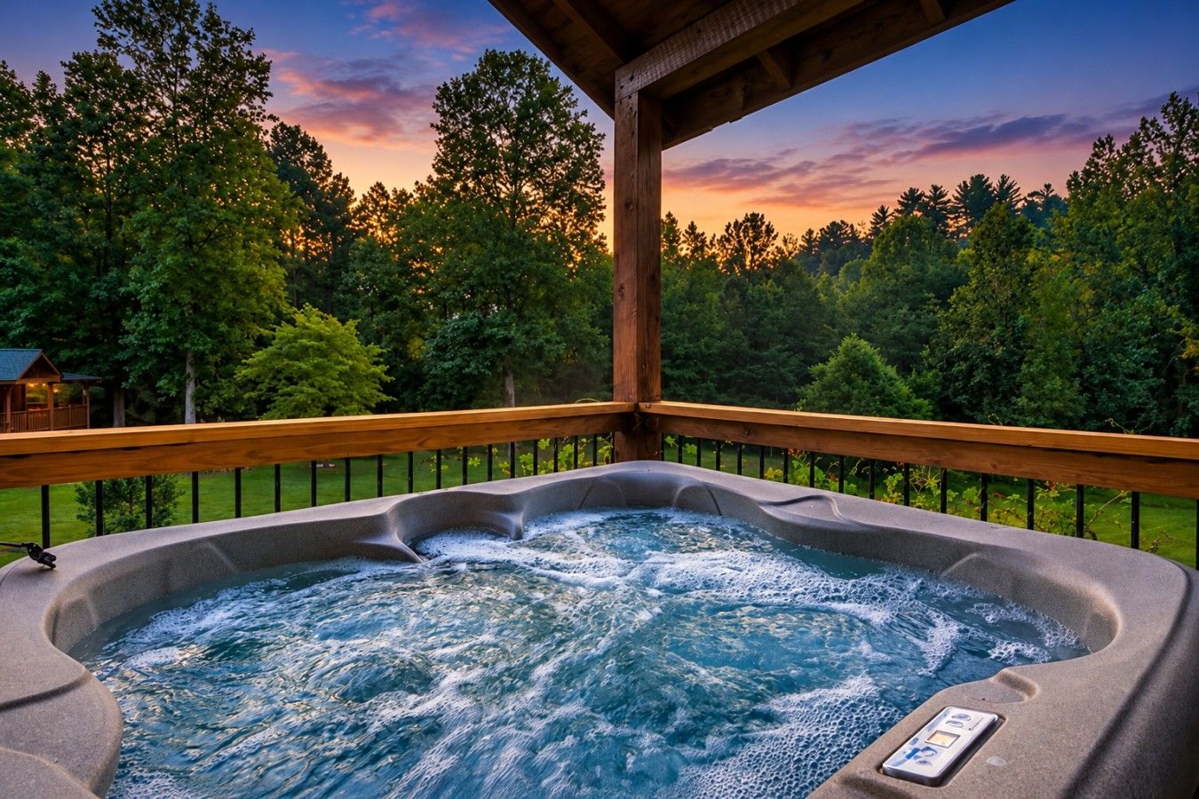 A hot tub with a wooden deck and railing, surrounded by trees and a sunset in the background.