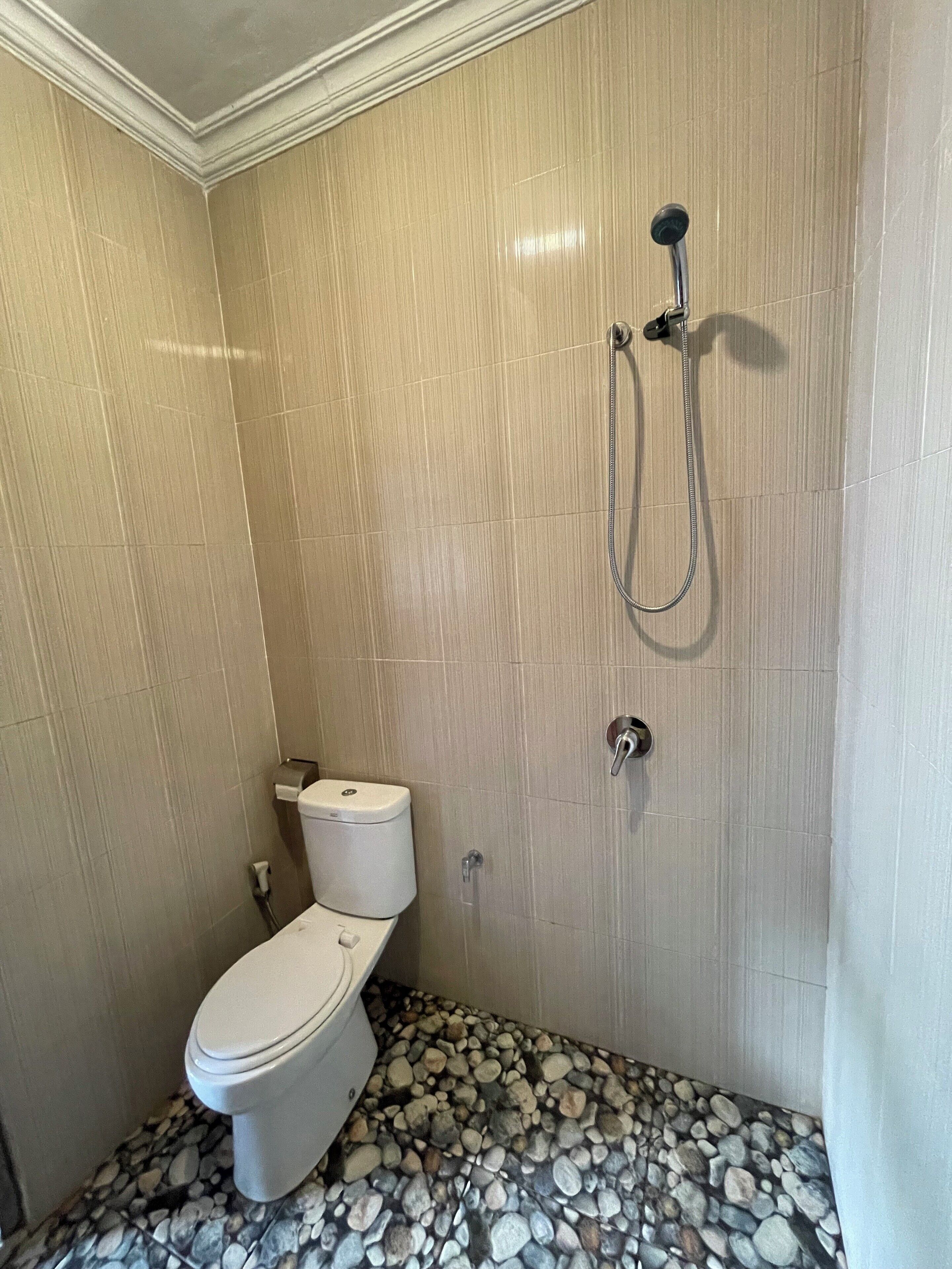 Kylpyhuone, jossa on wc, käsisuihkulla varustettu suihku ja kivikuvioitu lattia.
