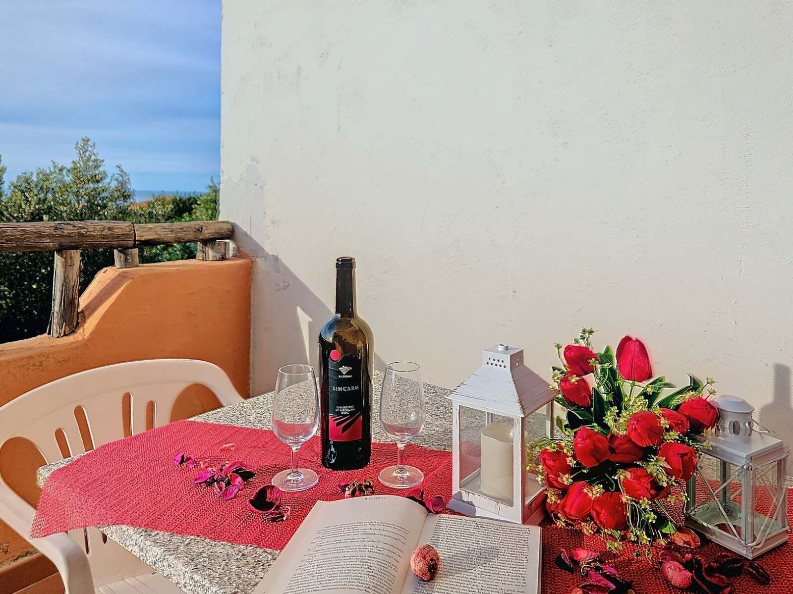 Un tavolo apparecchiato con una bottiglia di vino, bicchieri, un libro e un bouquet di rose rosse su un balcone con vista.