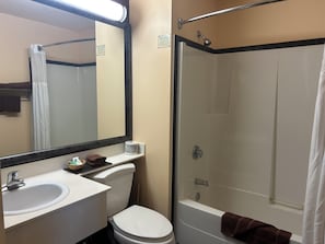 Hair dryer, towels, soap, shampoo