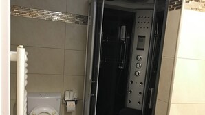 A bathroom with a toilet, a shower stall, and a washing machine. - 2 bedrooms in Breuberg Odenwald (Breuberg)