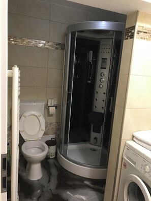 Secadora de cabello, toallas, jabón, papel de baño 