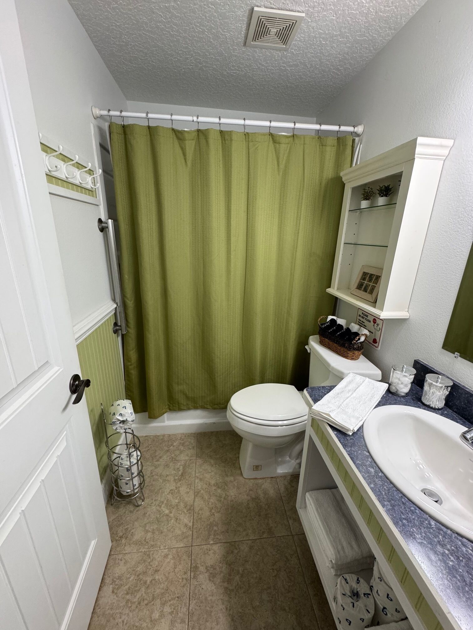 A bathroom with a green shower curtain, white toilet, and a sink with a mirror above it.