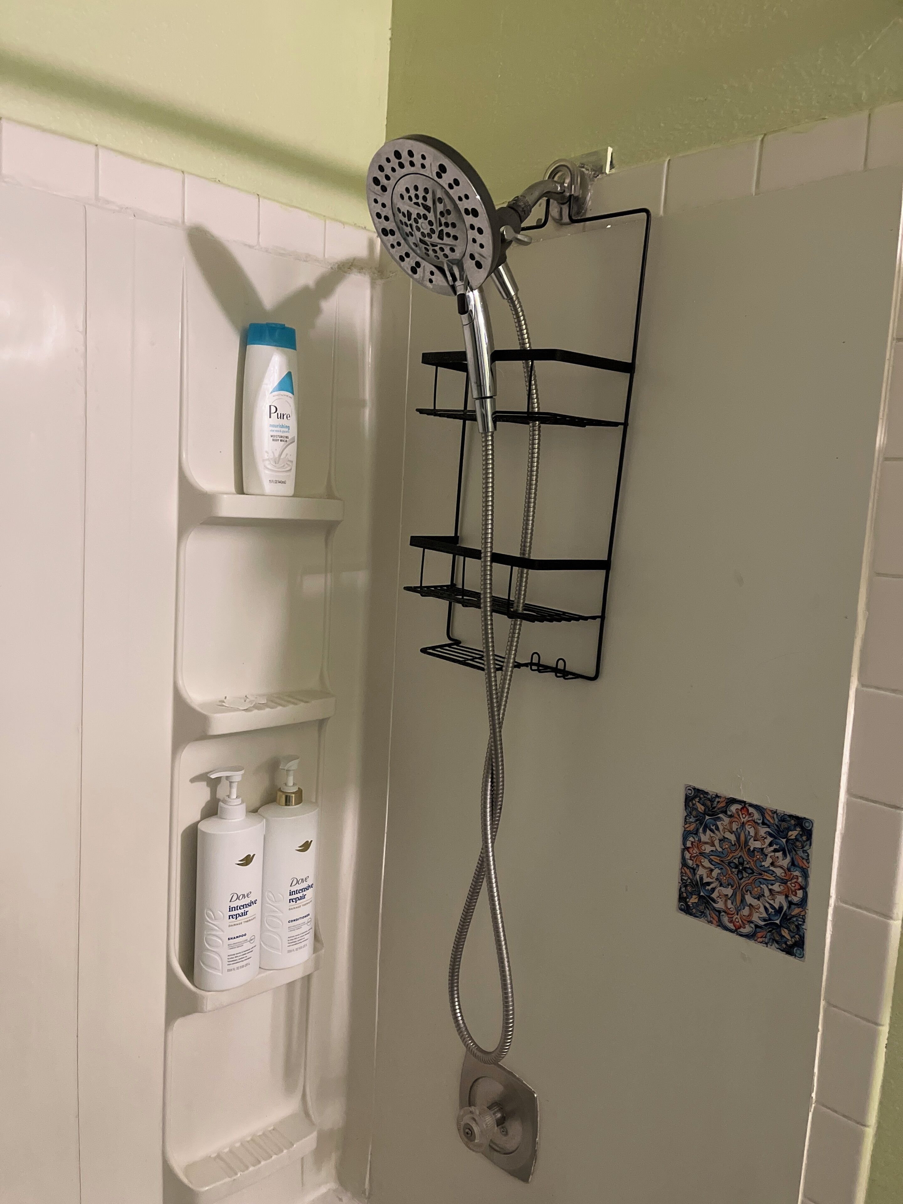 Hair dryer, towels, shampoo, toilet paper
