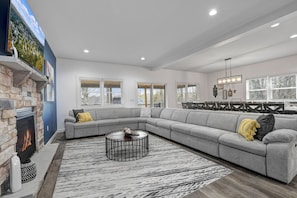 Smart TV, fireplace, video games, foosball