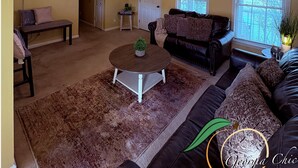 Een woonkamer met een plafondventilator, een flatscreen-tv, een salontafel met een plant, een bank en een raam met zonwering.