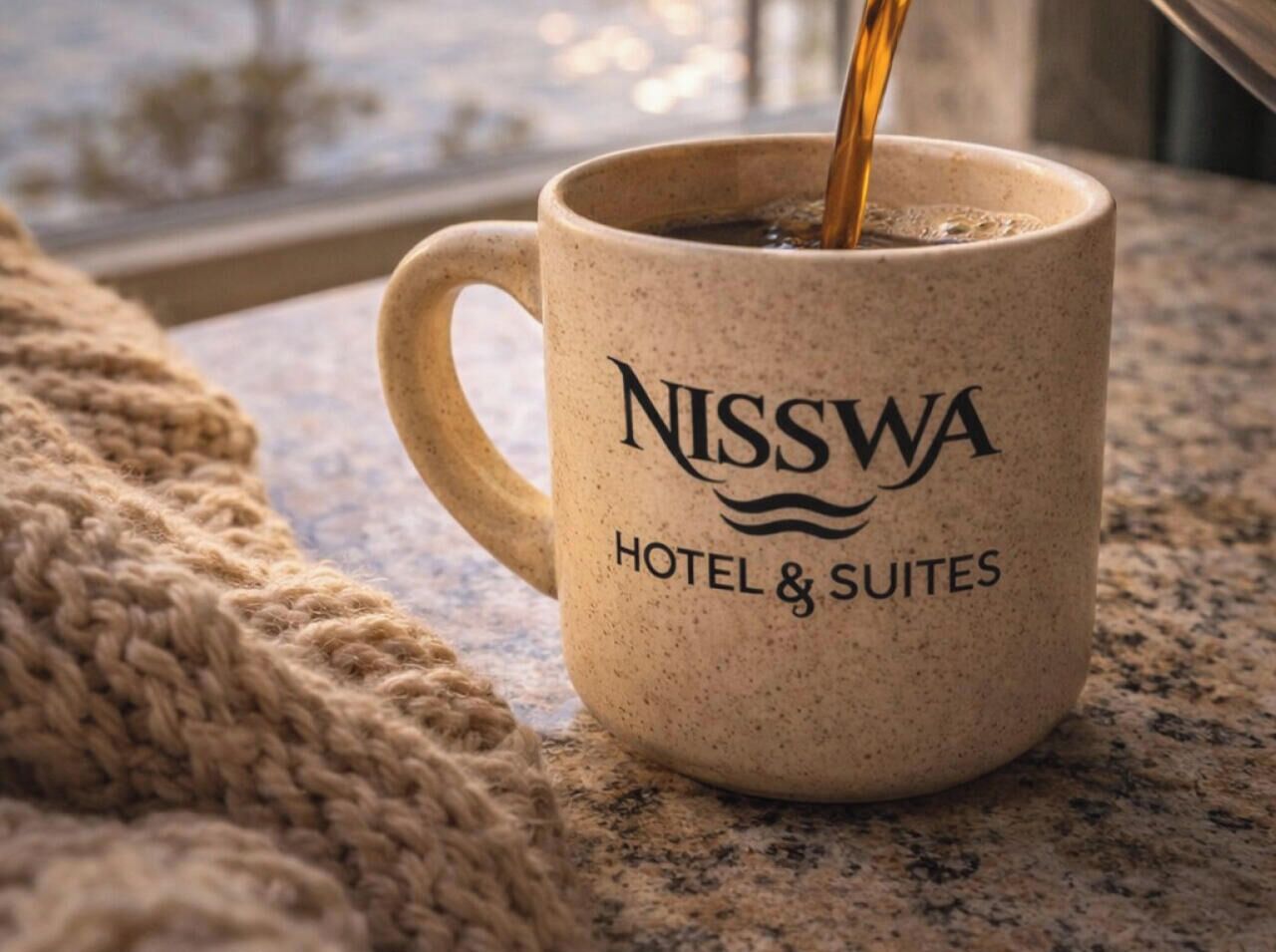 Una taza de Nisswa Hotel & Suites con asa, sobre una encimera de granito.