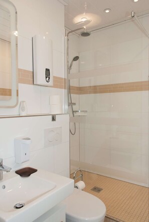 Shower, hair dryer, towels