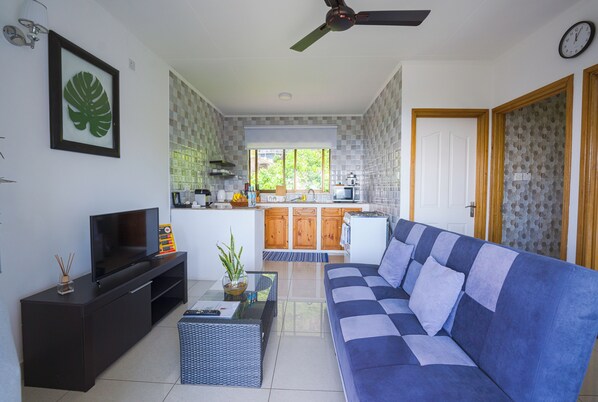 Full-sized fridge, microwave, oven, stovetop