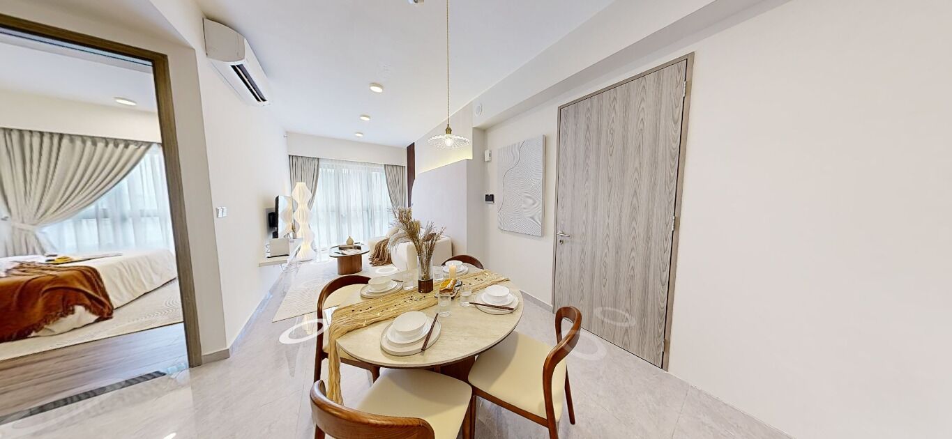 A modern dining area with a round table set for four, a large window with curtains, and a wooden door.