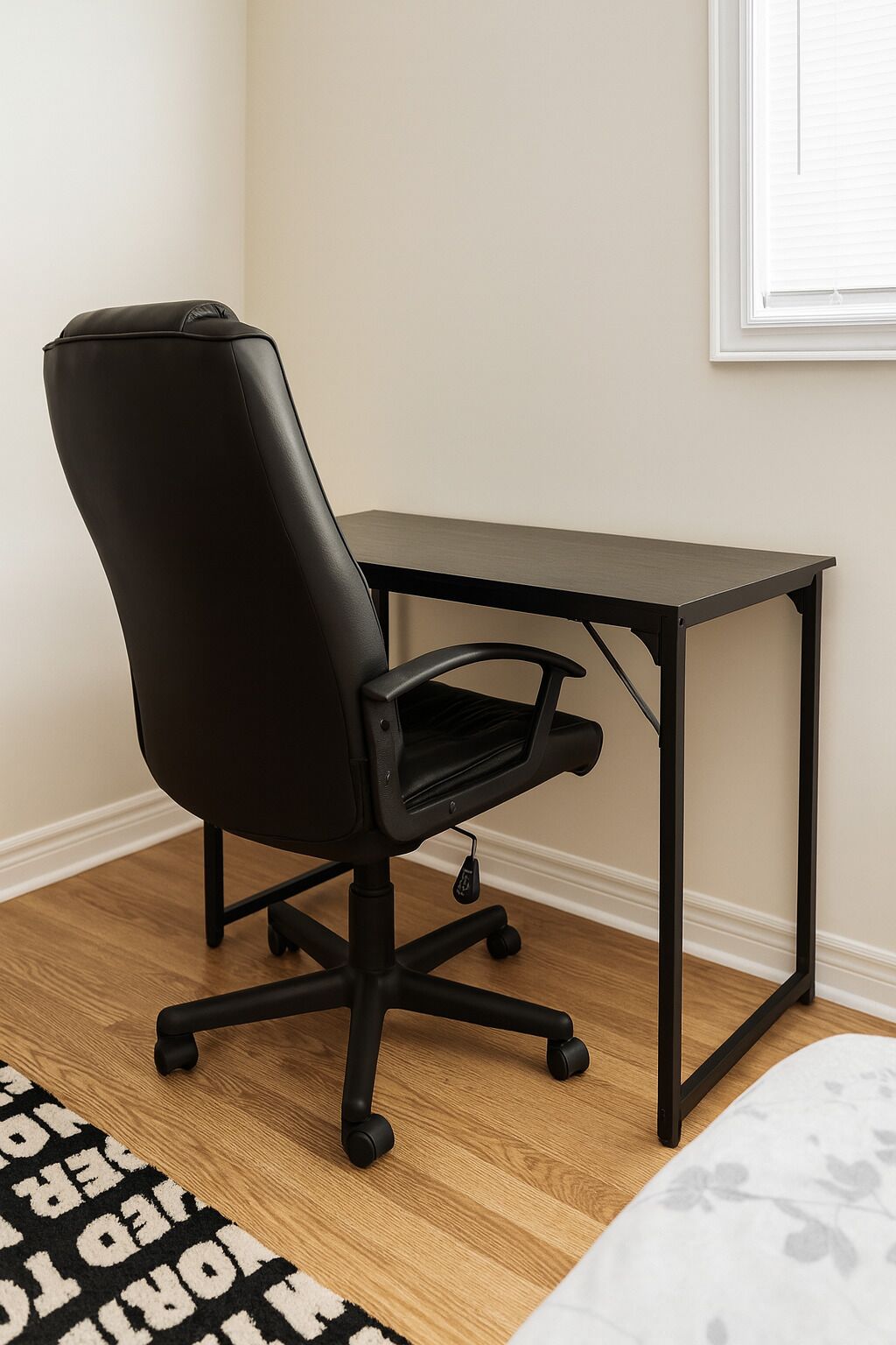A black office chair with a high backrest and armrests, positioned next to a wooden desk with a metal frame.