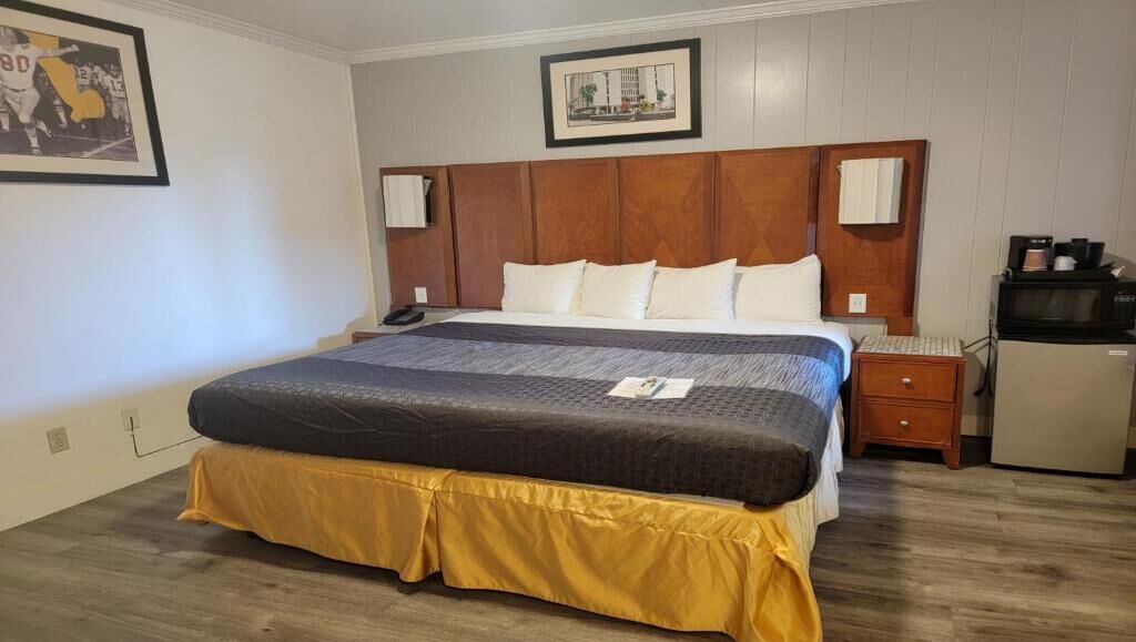 A hotel room with a large bed, wooden headboard, bedside tables, a small refrigerator, and a framed picture on the wall.