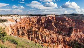 A canyon with layered rock formations and a forested area in the background.