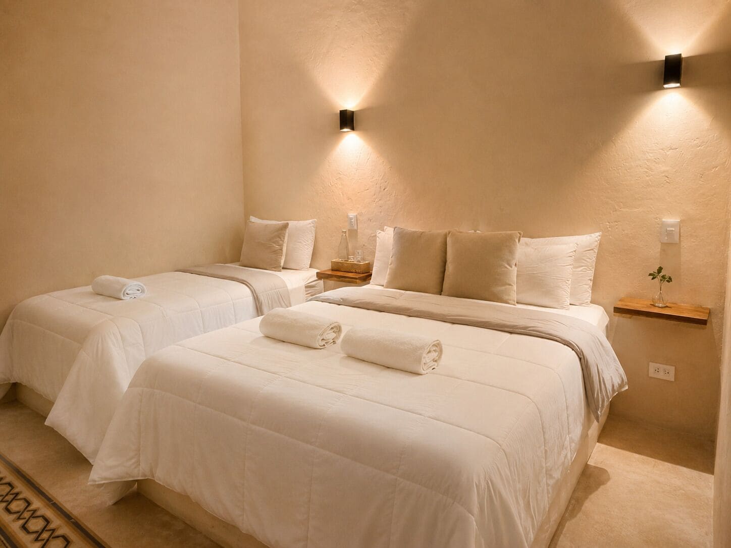Een hotelkamer met twee bedden, elk voorzien van een netjes gevouwen handdoek, een nachtkastje met een glas en een wandlamp.