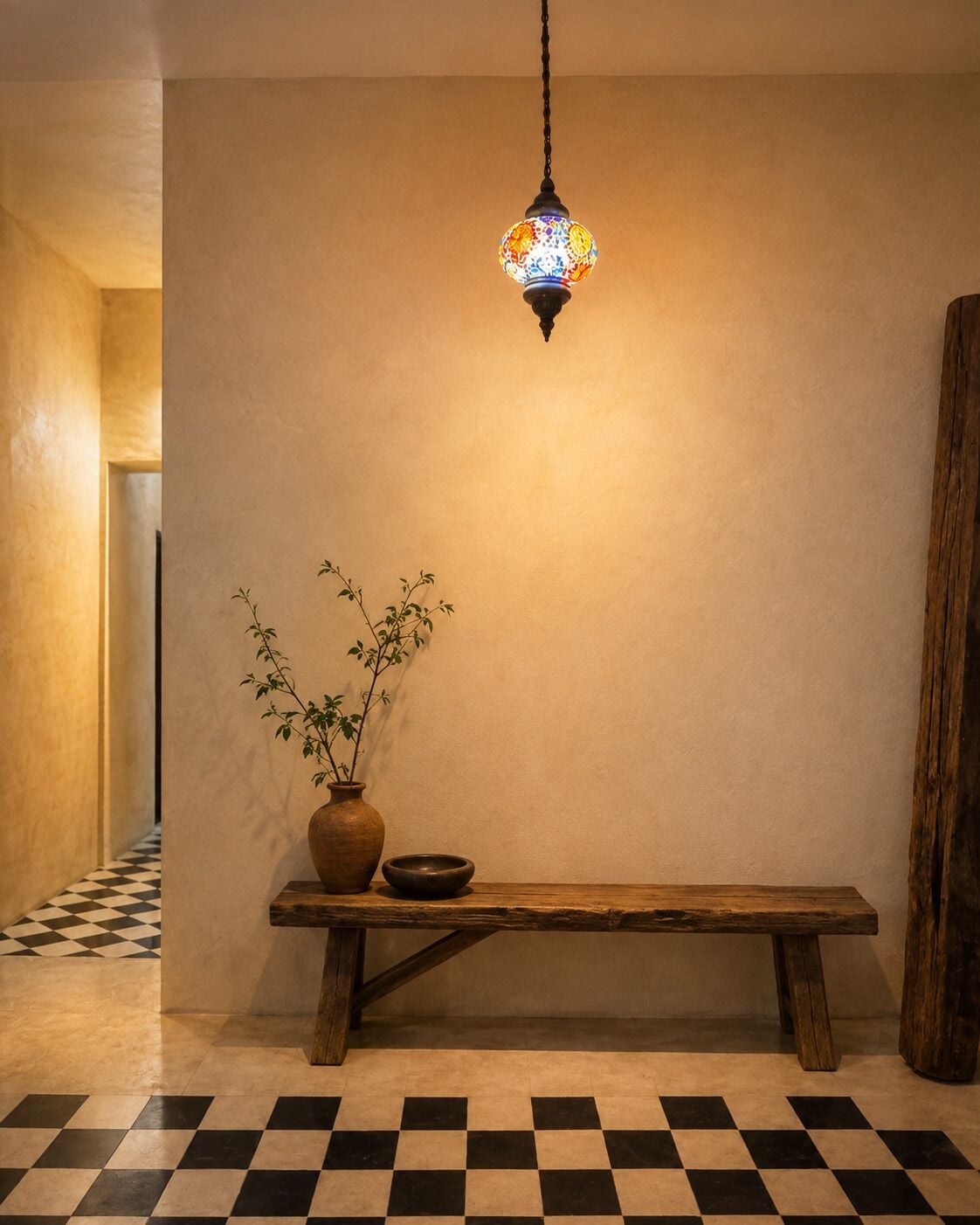 A hallway with a checkered floor, a wooden bench, a potted plant, and a hanging light fixture.