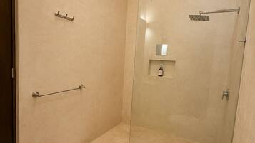 A bathroom with a glass shower enclosure, a toilet, and a small trash bin.
