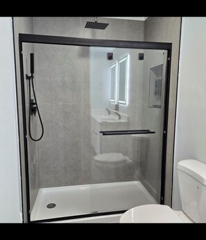 Shower, hair dryer, bidet, towels