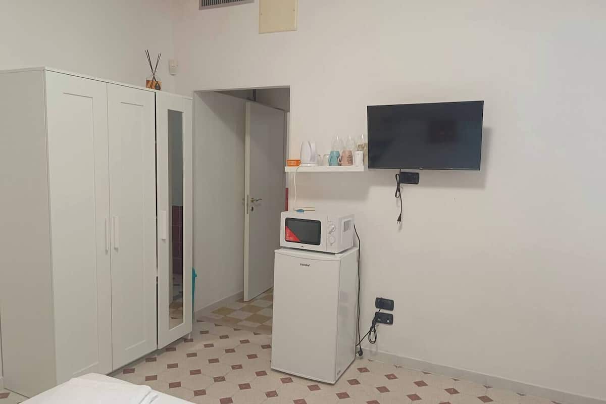 A room with a bed, a microwave, a TV, and a wardrobe.
