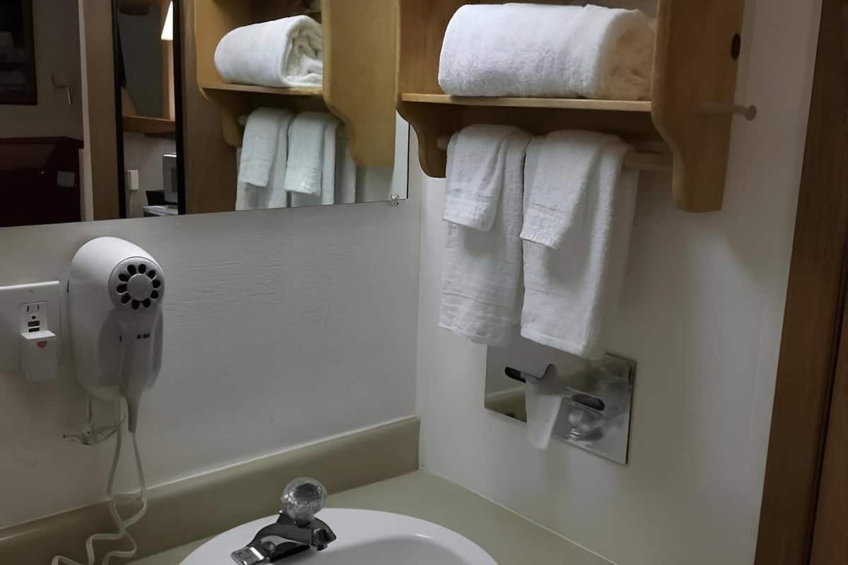 A bathroom with a white sink, a hairdryer, and wooden towel racks.