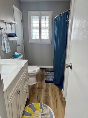 Hair dryer, towels, soap, shampoo