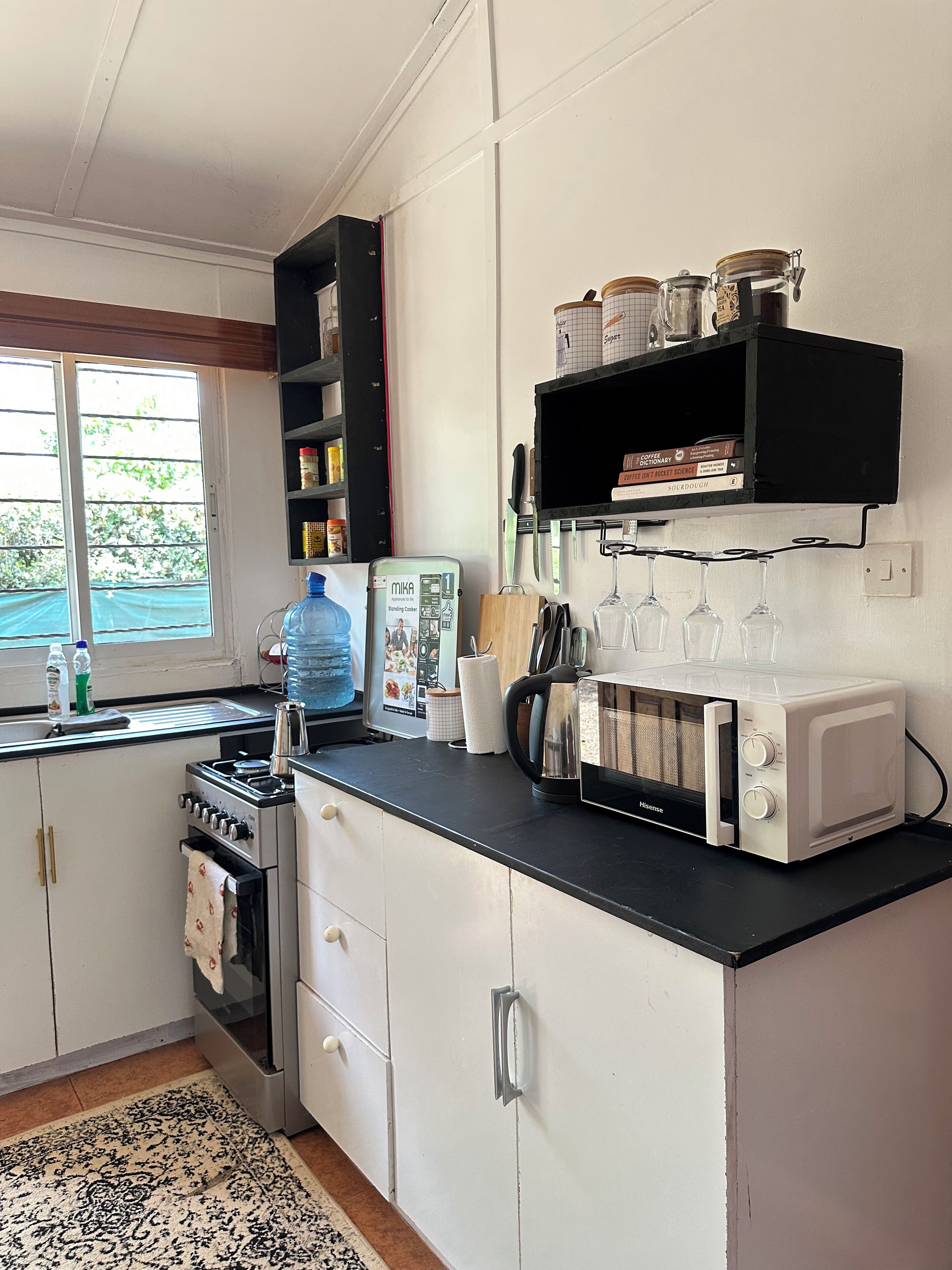 Fridge, microwave, oven, dining tables