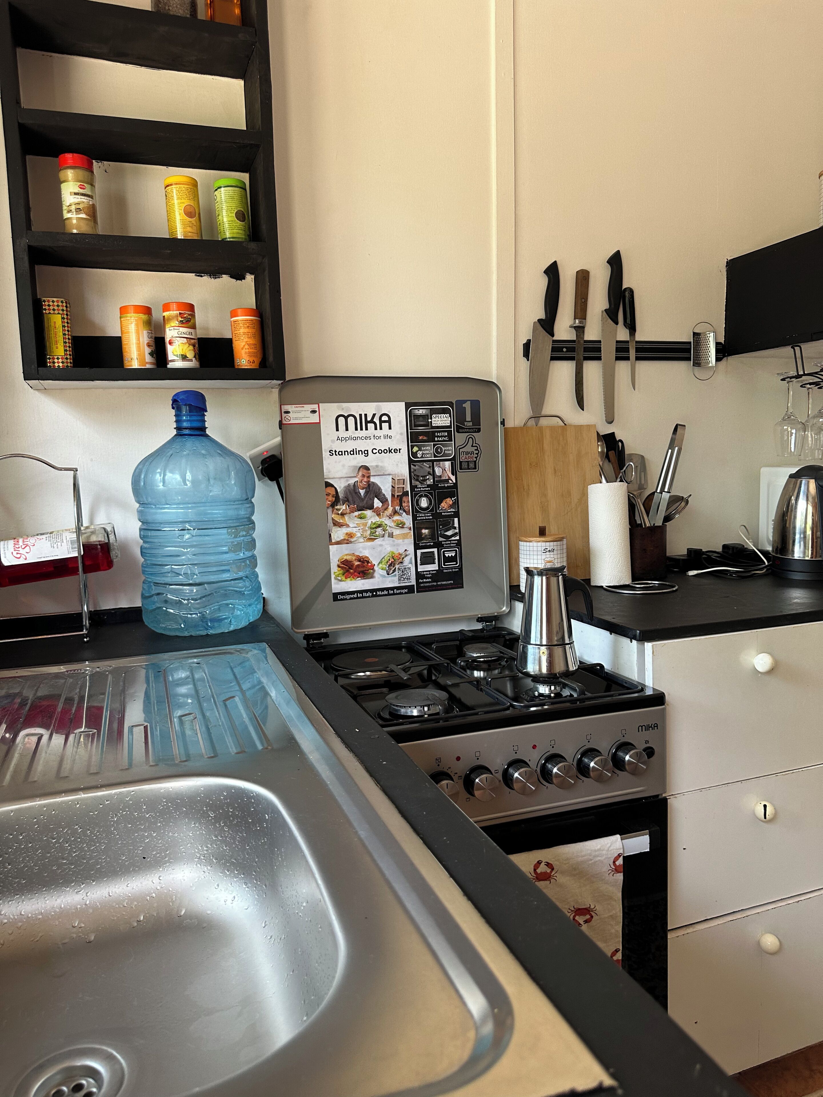 Fridge, microwave, oven, dining tables