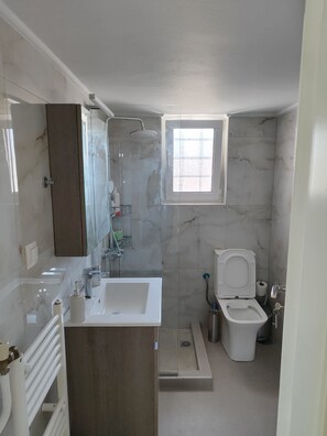 Secadora de cabello, toallas, jabón, papel de baño