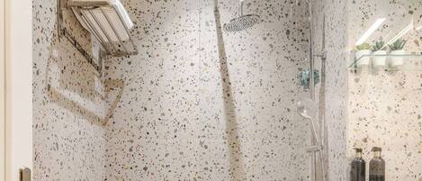 Shower, hair dryer, bidet, towels