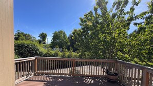 Une terrasse en bois dotée d’une rambarde, entourée d’arbres et de verdure.