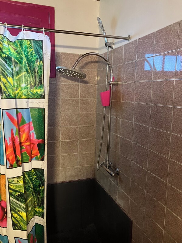 Regadera, toallas, jabón, papel de baño 