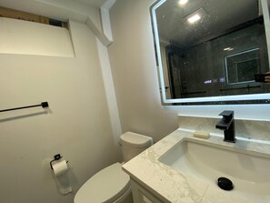 Shower, towels, soap, toilet paper