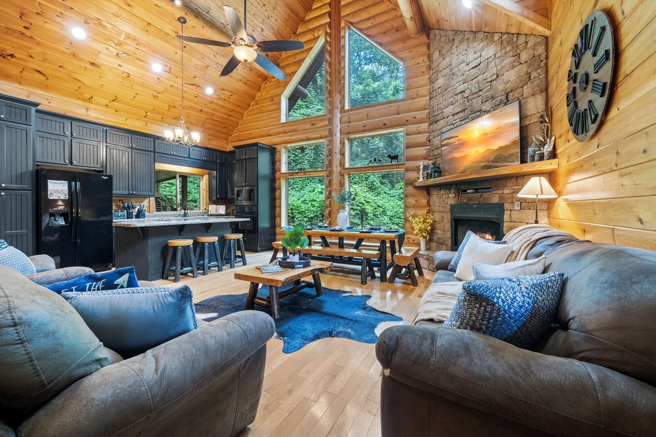 Smart TV, fireplace, DVD player, foosball