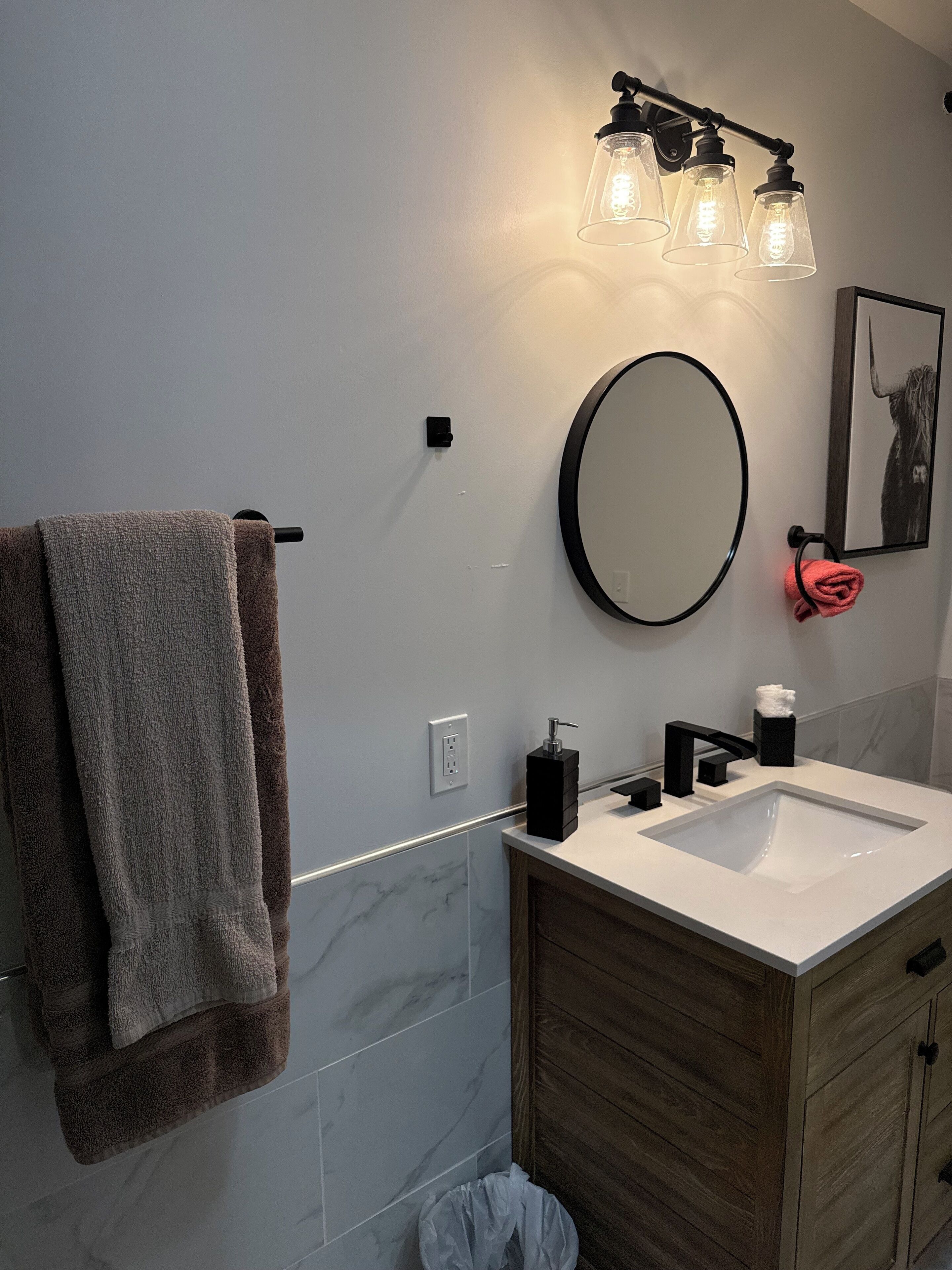 Hair dryer, towels, soap, toilet paper