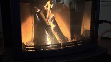 A wood-burning stove with logs burning inside.
