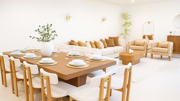 A modern dining area with a wooden table set for six, surrounded by white cushioned chairs. - The Ultimate OC Stay – NEW Stylish 6BR Home Perfect for Families & Groups! (Santa Ana)